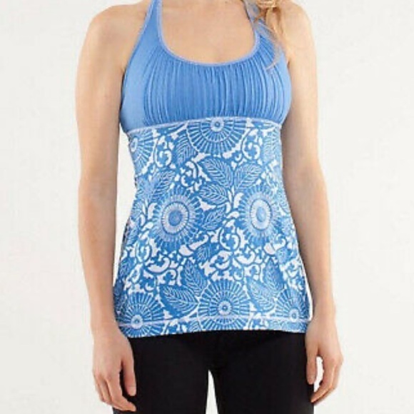 lululemon athletica Tops - Lululemon Namaste Blue Geo Floral Ruched Halter Tank
